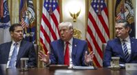 President Trump with Secretary of State Marco Rubio and Secretary of Defense Pete Hegseth  responding to a question on Iran from the news media during a cabinet meeting in the White House Thursday