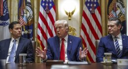 President Trump with Secretary of State Marco Rubio and Secretary of Defense Pete Hegseth  responding to a question on Iran from the news media during a cabinet meeting in the White House Thursday