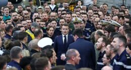 Emmanuel Macron has insisted Cyprus can 'count on France' as he rubbed salt in the wound of Britain's military embarrassment. He is pictured on the French aircraft carrier in the Med
