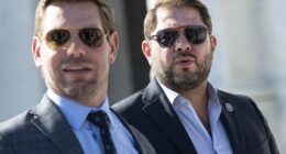 Democrat Representatives Eric Swalwell of California, left, and Ruben Gallego of Arizona, right, at the US Capitol on Thursday, September 30, 2021