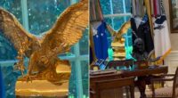 President Donald Trump has apparently leaned into the design theory that you can never have too much gold. On Friday morning, White House Deputy Chief of Staff Dan Scavino, Trump's longtime social media guru, shared a fresh video of the Oval Office. With the song Fly Like an Eagle by the Steve Miller Band playing, Scavino teased a new addition. His camera zoomed over a coffee table decorated with the presidential seal, over Trump's model of his desired Air Force One and then over the Resolute Desk.