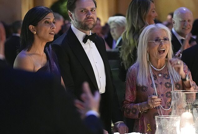Vice President JD Vance has presided over more than two dozen Republican National Committee fundraising events, bringing in upwards of $60 million. He is seen alongside wife, Usha, in January 2025 and Miriam Adelson, far right