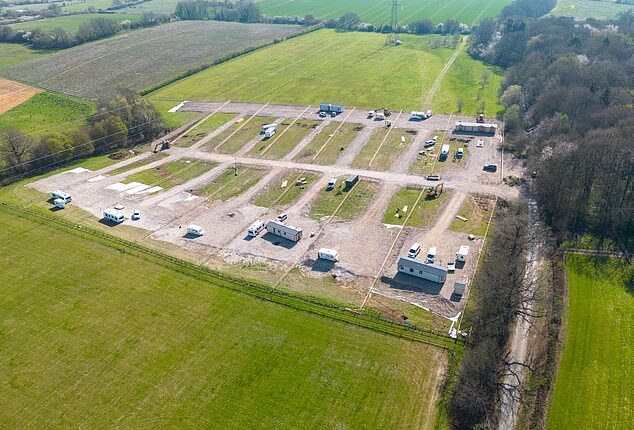 An aerial view shows the extent of damage done to the land in recent days, after travellers arrived with diggers and machinery