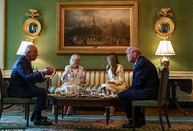 The King, Queen and the Trumps enjoyed tea in the White House's lavish reception area in the Green Room