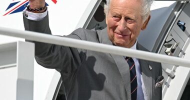 Charles waves goodbye as he boards his plane at Joint Base Andrews in Maryland