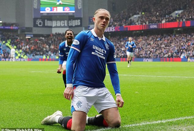 Aasgaard celebrates after scoring Rangers' third goal in Saturday's win over Dundee United