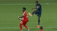 A penalty was given for this incident when the ball bounced up onto Alphonso Davies' arm