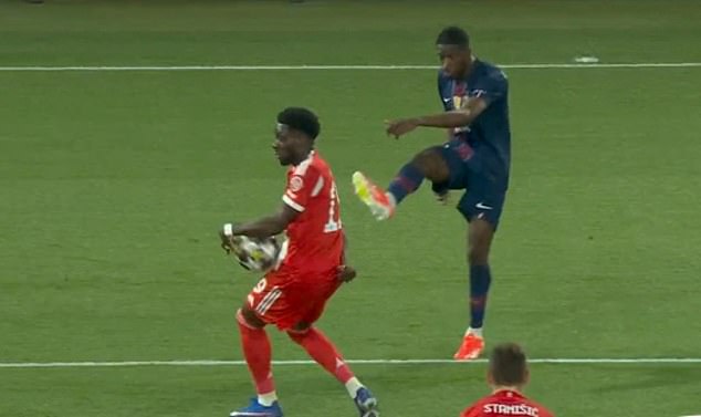 A penalty was given for this incident when the ball bounced up onto Alphonso Davies' arm
