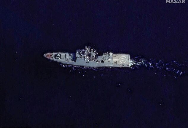 The frigate Admiral Grigorovich was seen accompanying two 'shadow fleet' vessels past Britain's south coast yesterday (file pic)