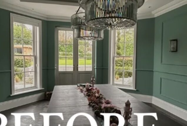 Amanda Holden shares a glimpse of her stunning dining room makeover at her Surrey home with black and gold walls, velvet furnishings and a VERY intricate ceiling mural