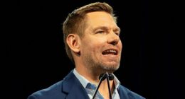 Eric Swalwell speaks during the California Democratic Convention in San Francisco, California, US,  on February 21, 2026