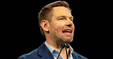 Eric Swalwell speaks during the California Democratic Convention in San Francisco, California, US,  on February 21, 2026