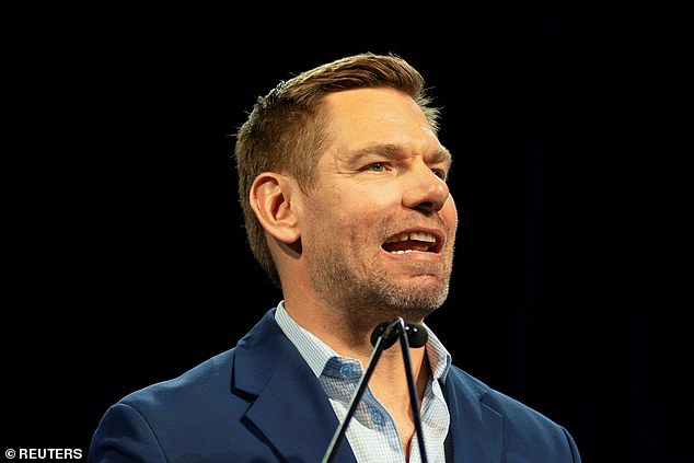 Eric Swalwell speaks during the California Democratic Convention in San Francisco, California, US,  on February 21, 2026