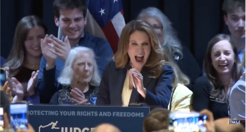 Liberal Wisconsin Supreme Court candidate Chris Taylor delivers her victory speech after Tuesday's election.