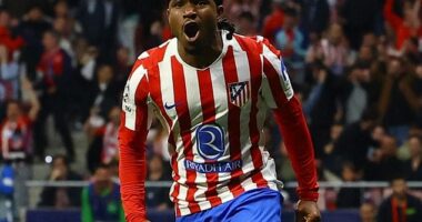 Ademola Lookman celebrates his goal which sent Atletico Madrid through to the last four