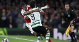 Noni Madueke came off injured after this collision in the second half at the Emirates