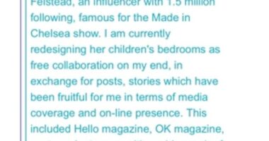 Binky Felstead has once again been called out for her association with freebies, this time by a textile designer who was approached by Binky's interior designer