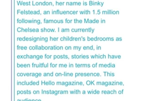 Binky Felstead has once again been called out for her association with freebies, this time by a textile designer who was approached by Binky's interior designer