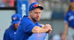 Pitcher Max Scherzer #31 of the Toronto Blue Jays watches from the dugout during the fifth inning against the Cleveland Guardians at Progressive Field on June 24, 2025 in Cleveland, Ohio. (Photo by Jason Miller/Getty Images)