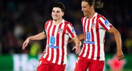Julián Alvarez (left) celebrates his spectacular opening goal for Atletico Madrid
