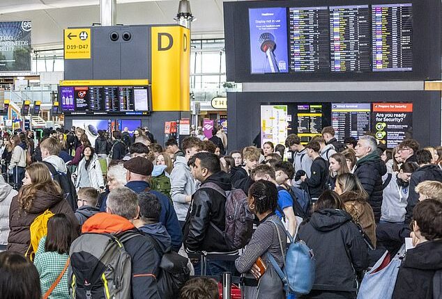 Passengers still face long queues at airports - despite the six-month roll-out of the EES digital border system - as airports across Europe struggle with the new technology (Pictured: queues at Heathrow Airport Terminal 2 pictured earlier this month)