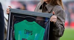 Mary Earps - with a shirt celebrating her 53 caps - was greeted warmly by the Wembley crowd