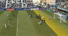 Arsene Wenger's new 'daylight' offside rule was used for the first time on Saturday when Alejandro Diaz (second top of screen in light blue shirt) scored for Pacific FC in Canada