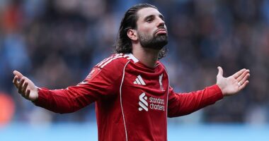 Dominic Szoboszlai gestures to the Liverpool fans after the defeat at Manchester City