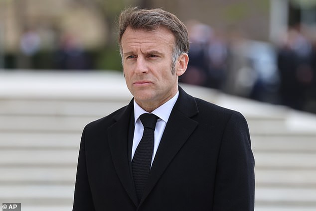 The passage of the ship came just a day after the French President Emmanuel Macron (pictured) told his US counterpart Donald Trump he needed to get 'serious' about opening up the Strait and told him: 'Perhaps you shouldn't talk every day'