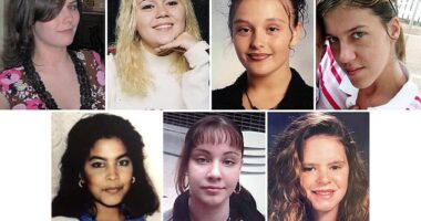 The victims clockwise from left: Maureen Brainard-Barnes, Megan Waterman, Melissa Barthelemy, Amber Costello, Valerie Mack, Jessica Taylor and Sandra Costilla
