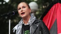Grace Tame is pictured speaking during a rally for Gaza at Hyde Park, Sydney, in August