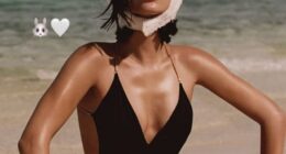 Hailey Bieber led celebrities celebrating Easter with a snap she shared to her Instagram Stories. The Rhode Beauty founder, 27, posed on the beach in a one-piece black swimsuit with a plunging neckline