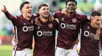 Kyziridis, Braga, Kabore and Kerjota (left to right) celebrate victory at Easter Road