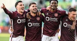 Kyziridis, Braga, Kabore and Kerjota (left to right) celebrate victory at Easter Road