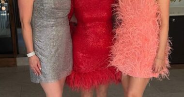 Holly Willoughby (L) put on a leggy display in a feathered mini dress as she partied with lookalike mum Linda (C) and sister Kelly (L) at Studio 54 themed family bash on Sunday