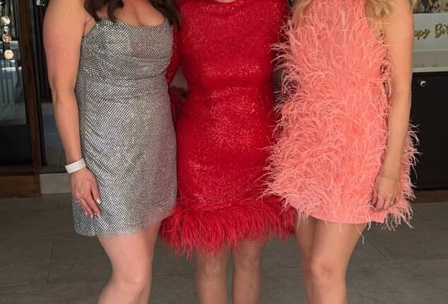 Holly Willoughby (L) put on a leggy display in a feathered mini dress as she partied with lookalike mum Linda (C) and sister Kelly (L) at Studio 54 themed family bash on Sunday