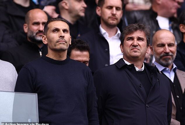 Chairman Khaldoon al Mubarak (left) at Sunday's game with chief executive Ferran Soriano