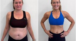 Kellie at the start of her Roar Fitness journey, and after 12 weeks. Her goal was to be under 60kg - she reached 57kg.