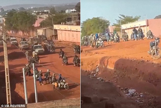 Images show a group of armed men on motorbikes standing on a street in Kati and vehicles moving through the group near the capital city Bamako, Mali