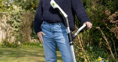 Claire testing out the Gtech Cordless Grass Trimmer (£149.99) with help from her dog, Muffin.