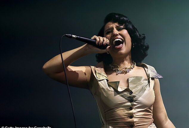 Raye won a record six BRIT Awards at last month's 2024 ceremony - she is seen here performing at the Coachella festival in California last Saturday