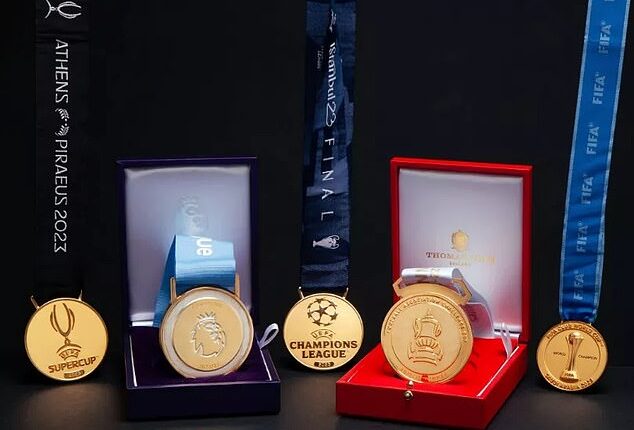 A full set of medals from Man City's Treble winning season will be auctioned later this month