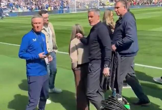 Jamie Carragher could be seen in a heated exchange with Everton fans ahead of the Merseyside derby