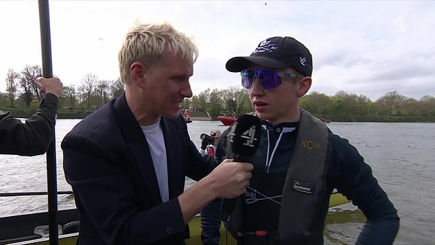 Jamie Laing, left, interviewed the cox of Oxford's victories team in the women's boat race