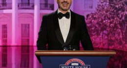 The late night host - dressed in a tuxedo behind a faux podium - had joked about First Lady Melania Trump having 'the glow of an expectant widow' at the White House Correspondents' Dinner in a mock speech that aired just two days before the real event