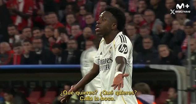 Vinicius Junior was caught on camera responding to Bellingham after the Englishman criticised the Brazilian for not passing to him: 'What do you want? Shut up and close your mouth'