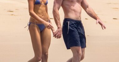 Kaia Gerber displayed her incredible figure in a blue micro bikini while on vacation with boyfriend Lewis Pullman in Mexico