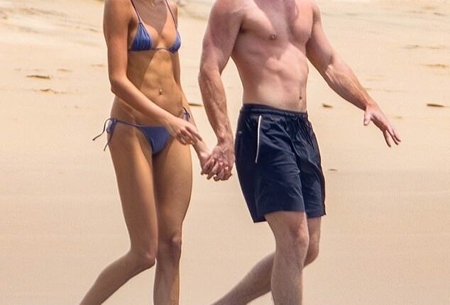 Kaia Gerber displayed her incredible figure in a blue micro bikini while on vacation with boyfriend Lewis Pullman in Mexico