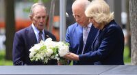 The King and Queen laid a bouquet of flowers on the edge of one of the pools of the 9/11 memorial