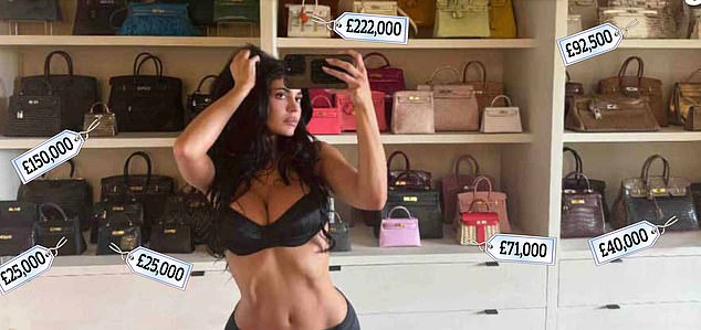 Ms Jenner, 28, who is thought to be worth £500million, went on Instagram to unveil her 'Birkin Wall', shelves crammed with versions of the bags, named after the actress Jane Birkin